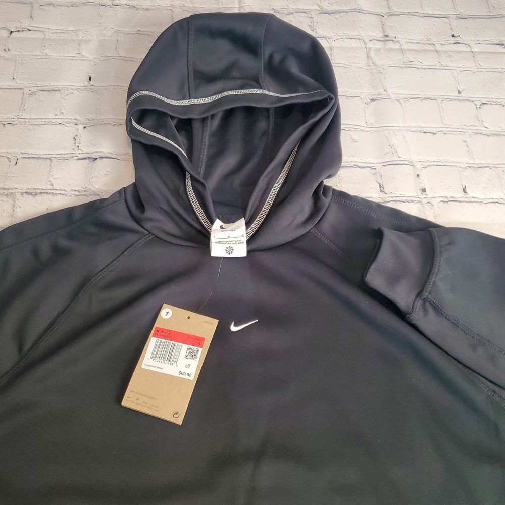 NEW Nike Dri-Fit Large Womens Hoodie Black‎ Pullover Zip Pockets Emboidered Logo